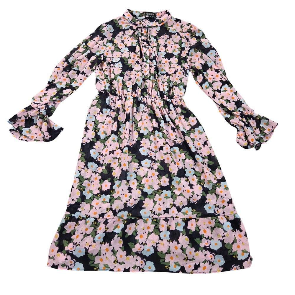 J.Crew Mercantile Dress XS Pink Navy Blue Floral Tie Neck Midi Ruffle Cuff